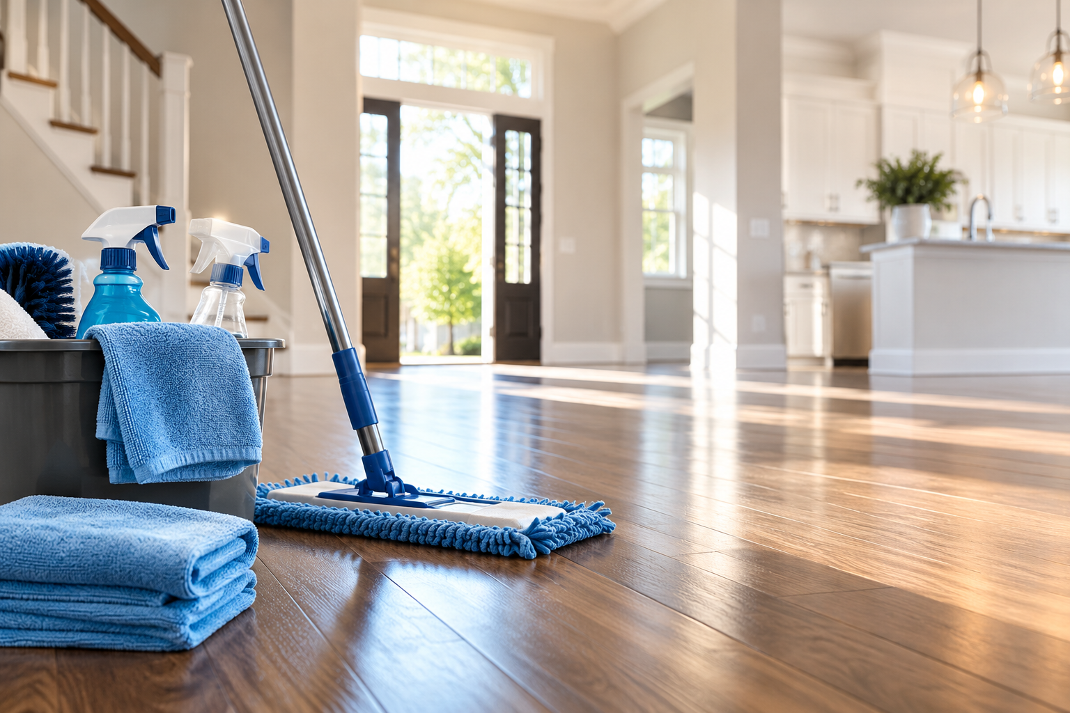 Cleaning supplies and mop on a freshly cleaned floor
