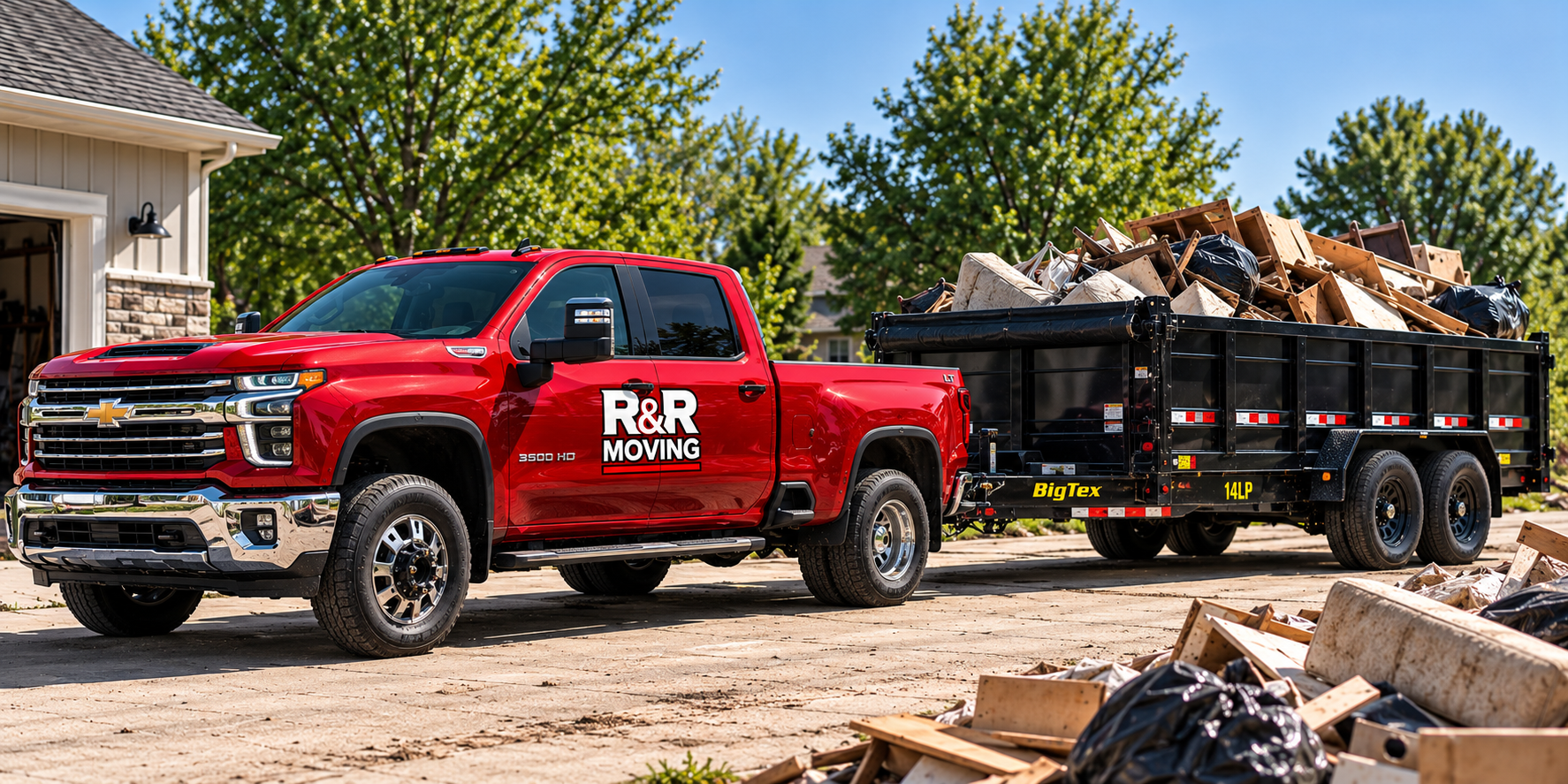 R&R Moving truck hauling a loaded junk removal trailer